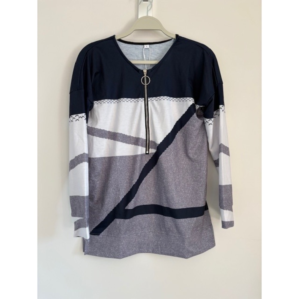 Made with Love Womens Navy Geometric Colorblock Half Zip Tunic Top Long Sleeve S